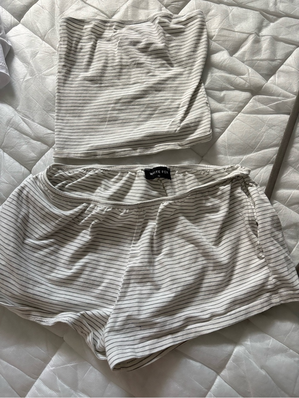 White Fox Boutique Ivory & Gray Striped Strapless Lounge Set